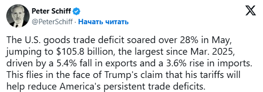 Питер Шифф усомнился в том, что пошлины Трампа сократят торговый дефицит США