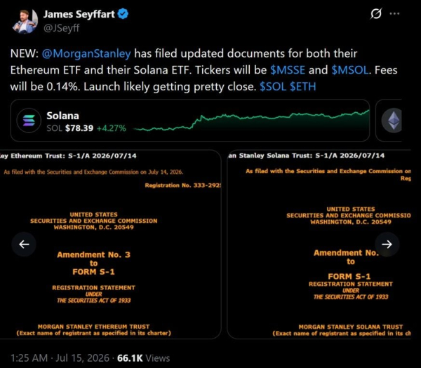 Morgan Stanley обновляет заявки на создание ETF на Ethereum и Solana, а Coinbase берет на себя функции хранения и стейкинга