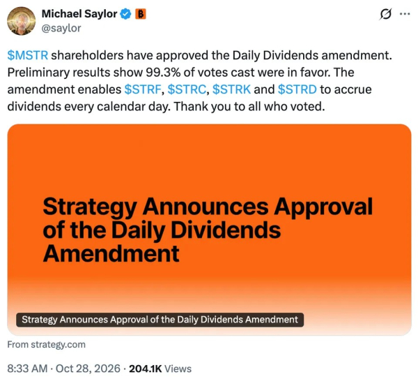 Акционеры Strategy одобрили ежедневные дивиденды по четырём привилегированным акциям