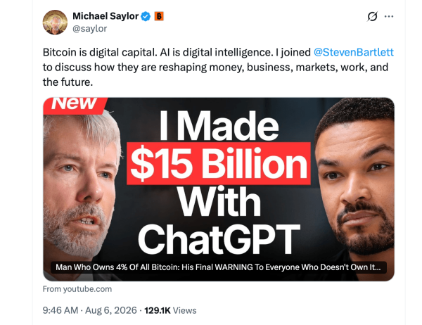 Сэйлор из компании Strategy утверждает, что ChatGPT способствовал финансовому прорыву на сумму 15 млрд долларов Сэйлор из компании Strategy утверждает, что ChatGPT способствовал финансовому прорыву на сумму 15 млрд долларов