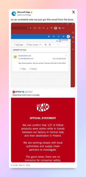 Кража 12 тонн батончиков KitKat стала новым мемом в стиле &laquo;мы тут ни при&nbsp;чём&raquo;