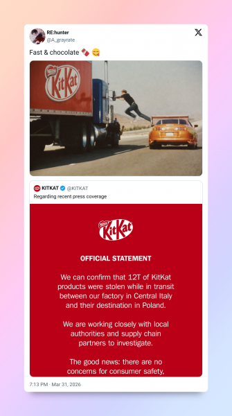 Кража 12 тонн батончиков KitKat стала новым мемом в стиле &laquo;мы тут ни при&nbsp;чём&raquo;