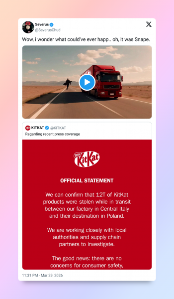 Кража 12 тонн батончиков KitKat стала новым мемом в стиле &laquo;мы тут ни при&nbsp;чём&raquo;